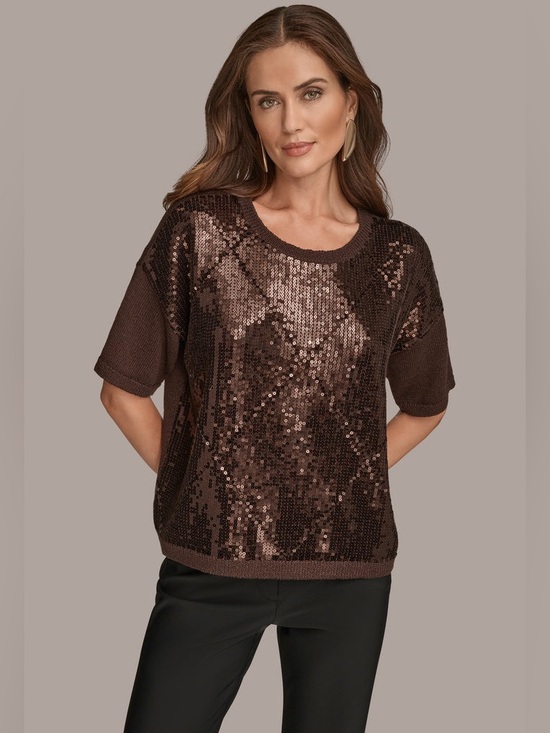 Donna Karan Sweaters - Donna Karan Sequin-Paneled Diamond Stitch Sweater in Chocolate Brown NWT